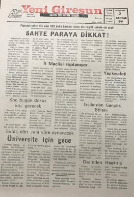 Yeni Giresun Gazetesi 2 Haziran 1994 Vali Atilla Koç Bugün Dokuz Köy Gezecek GZ25980 - 1