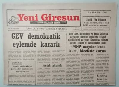Yeni Giresun Gazetesi 2 Haziran 2000 GEV Demokratik Eylemde Kararlı -GZ33098 - 1