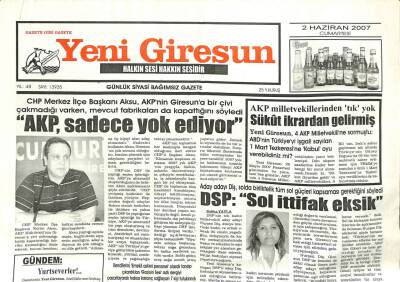 Yeni Giresun Gazetesi 2 Haziran 2007 - DSP Sol İttifak Eksik GZ101784 - 2