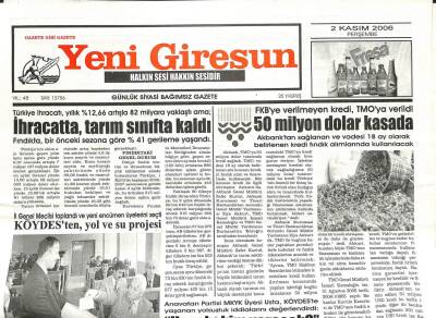 Yeni Giresun Gazetesi 2 Kasım 2006 - İhracatta Tarım Sınıfta Kaldı GZ107935 - 1