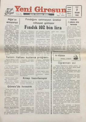 Yeni Giresun Gazetesi 2 Nisan 1996-Fındık 102 Bin Lira GZ14037 - 2