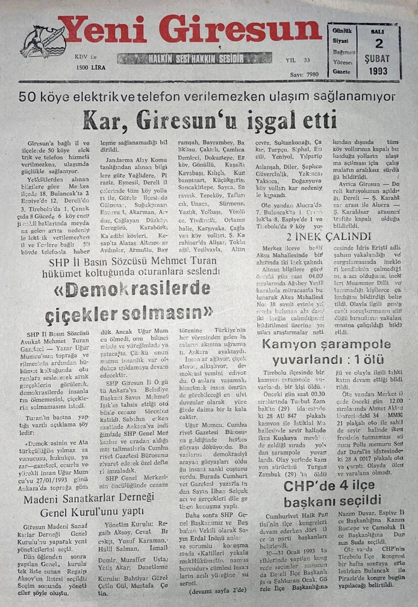 Yeni Giresun Gazetesi 2 Şubat 1993 - Kar, Giresun'u İşgal Etti - Belediye'den Giresunspor'a Büyük Jest GZ2967 - 1