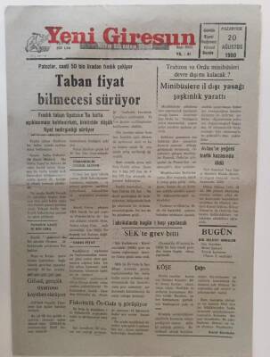 Yeni Giresun Gazetesi 20 Ağustos 1990 - Taban Fiyat Bilmecesi Sürüyor GZ31111 - 1