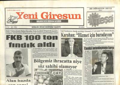 Yeni Giresun Gazetesi 20 Ağustos 2013 - FKB 100 Ton Fındık Aldı GZ101838 - 1