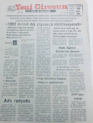 Yeni Giresun Gazetesi 20 Ekim 1993 - 1992 Ürünü Dış Piyasaya Sürülmeyecek GZ41360 - 1