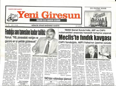 Yeni Giresun Gazetesi 20 Ekim 2006 - Mecliste Fındık Kavgası GZ107927 - 1