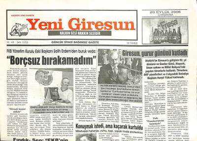 Yeni Giresun Gazetesi 20 Eylül 2006 - DSPden Miting Kınaması GZ101884 - 1