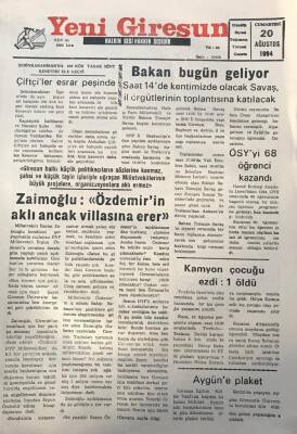 Yeni Giresun Gazetesi 20 Haziran 1994 Rasim Zaimoğlunun Açıklaması GZ25970 - 1