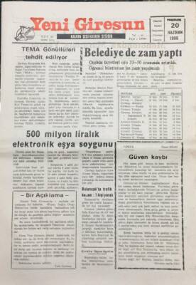 Yeni Giresun Gazetesi 20 Haziran 1996 500 Milyon Liralık Elektronik Eşya Soygunu GZ26075 - 1