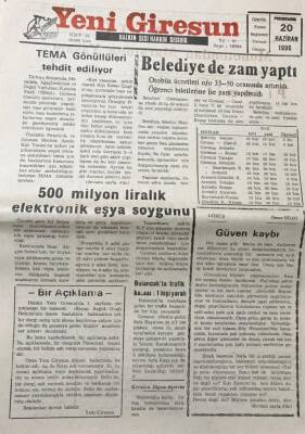 Yeni Giresun Gazetesi 20 Haziran 1996 500 Milyon Liralık Elektronik Eşya Soygunu GZ30499 - 1