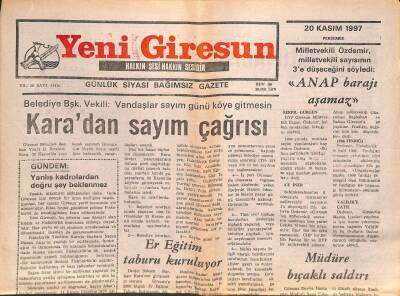Yeni Giresun Gazetesi 20 Kasım 1997 - İbrahim Karadan Sayım Çağrısı GZ107877 - 1