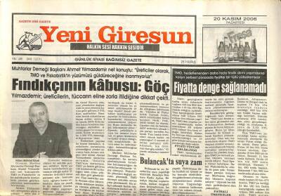 Yeni Giresun Gazetesi 20 Kasım 2006 - Fındıkçının Kabusu Göç GZ101823 - 2