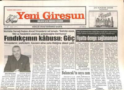 Yeni Giresun Gazetesi 20 Kasım 2006 - Fındıkçının Kabusu Göç GZ107950 - 1