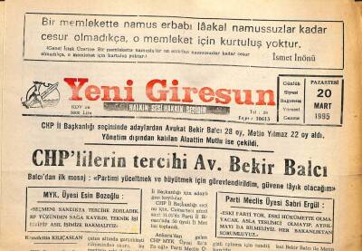 Yeni Giresun Gazetesi 20 Mart 1995 - CHPlilerin Tercihi Av. Bekir Balcı GZ101960 - 2