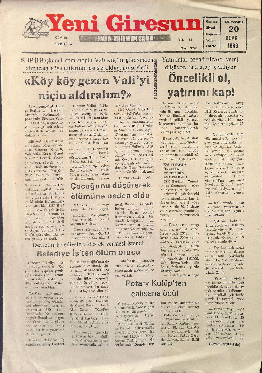 Yeni Giresun Gazetesi 20 Ocak 1993 - Seka Aksu Şampiyon - Giresunspor Salonda Ter Attı GZ2963 - 1