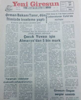 Yeni Giresun Gazetesi 21 Ağustos 1992 - Çocuk Yuvası İçin Almanyadan 5 Bin Mark GZ40718 - 1