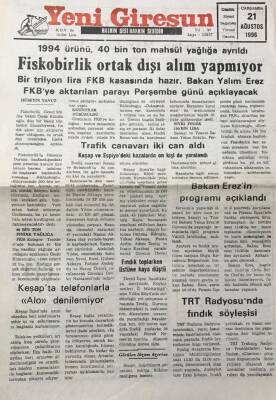 Yeni Giresun Gazetesi 21 Ağustos 1996 Maliye Bakanı Abdüllatif ŞenerVergi Affı Yok GZ30488 - 1