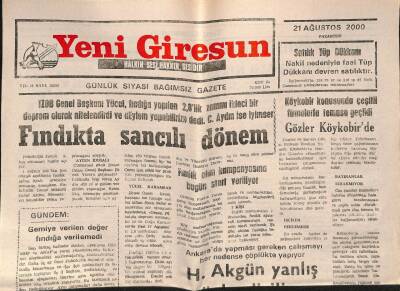 Yeni Giresun Gazetesi 21 Ağustos 2000 - Köykobir Konusunda Çeşitli Firmalarla Temasa Geçildi GZ77965 - 1