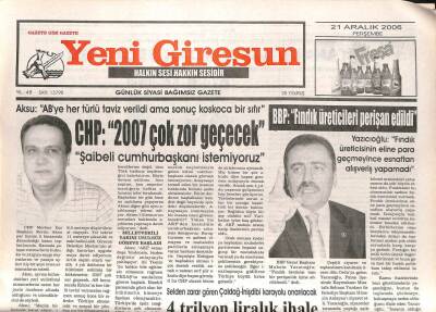 Yeni Giresun Gazetesi 21 Aralık 2006 - Çaldağ İnişdibi Karayolu Onarılacak GZ107978 - 1