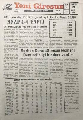 Yeni Giresun Gazetesi 21 Ekim 1994Burhan KaraGiresun Seçmeni Demirele İyi Bir Ders Verdi GZ30106 - 1