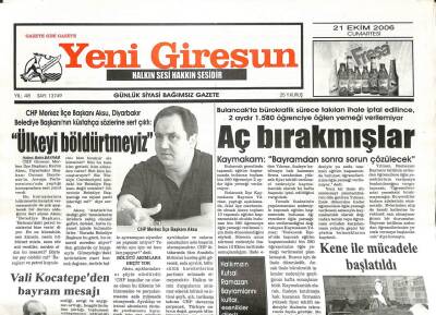 Yeni Giresun Gazetesi 21 Ekim 2006 - Kene İle Mücadele Başlatıldı GZ107928 - 1