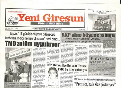Yeni Giresun Gazetesi 21 Eylül 2006 - TMO Zulüm Uyguluyor GZ107812 - 1