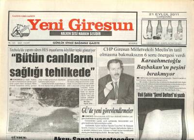 Yeni Giresun Gazetesi 21 Eylül 2011 - Bütün Canlıların Sağlığı Tehlikede GZ108950 - 1
