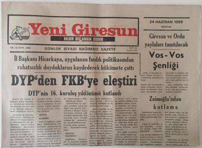 Yeni Giresun Gazetesi 21 Haziran 1999 - DYPden FKBye Eleştiri GZ31138 - 1