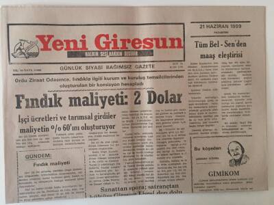 Yeni Giresun Gazetesi 21 Haziran 1999 - Fındık Maliyeti 2 Dolar GZ31137 - 1