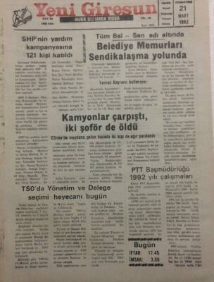 Yeni Giresun Gazetesi 21 Mart 1992 - Belediye Memurları Sendikalaşma Yolunda GZ34575 - 1
