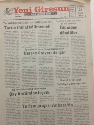 Yeni Giresun Gazetesi 21 Nisan 1993 - Tarım İhmal Edilmemeli GZ34041 - 1