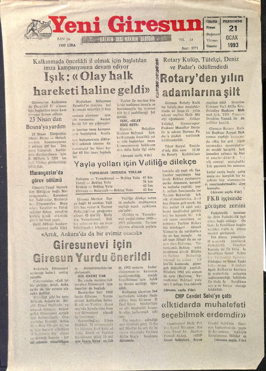 Yeni Giresun Gazetesi 21 Ocak 1993 - Işık: Olay Halk Hareketi Haline Geldi - Yayla Yolları İçin Valiliğe Dilekçe GZ2964 - 1