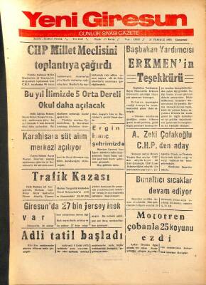 Yeni Giresun Gazetesi 21 Temmuz 1973 - Şebinkarahisara Süt Alım Merkezi GZ108498 - 1