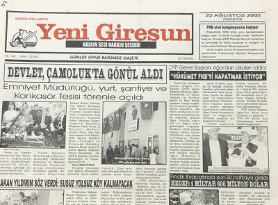 Yeni Giresun Gazetesi 22 Ağustos 2005 DYP Genel Başkanı Ağardan Ürküten İddiaHükümet FKByi Kapatmak İstiyor GZ30317 - 1