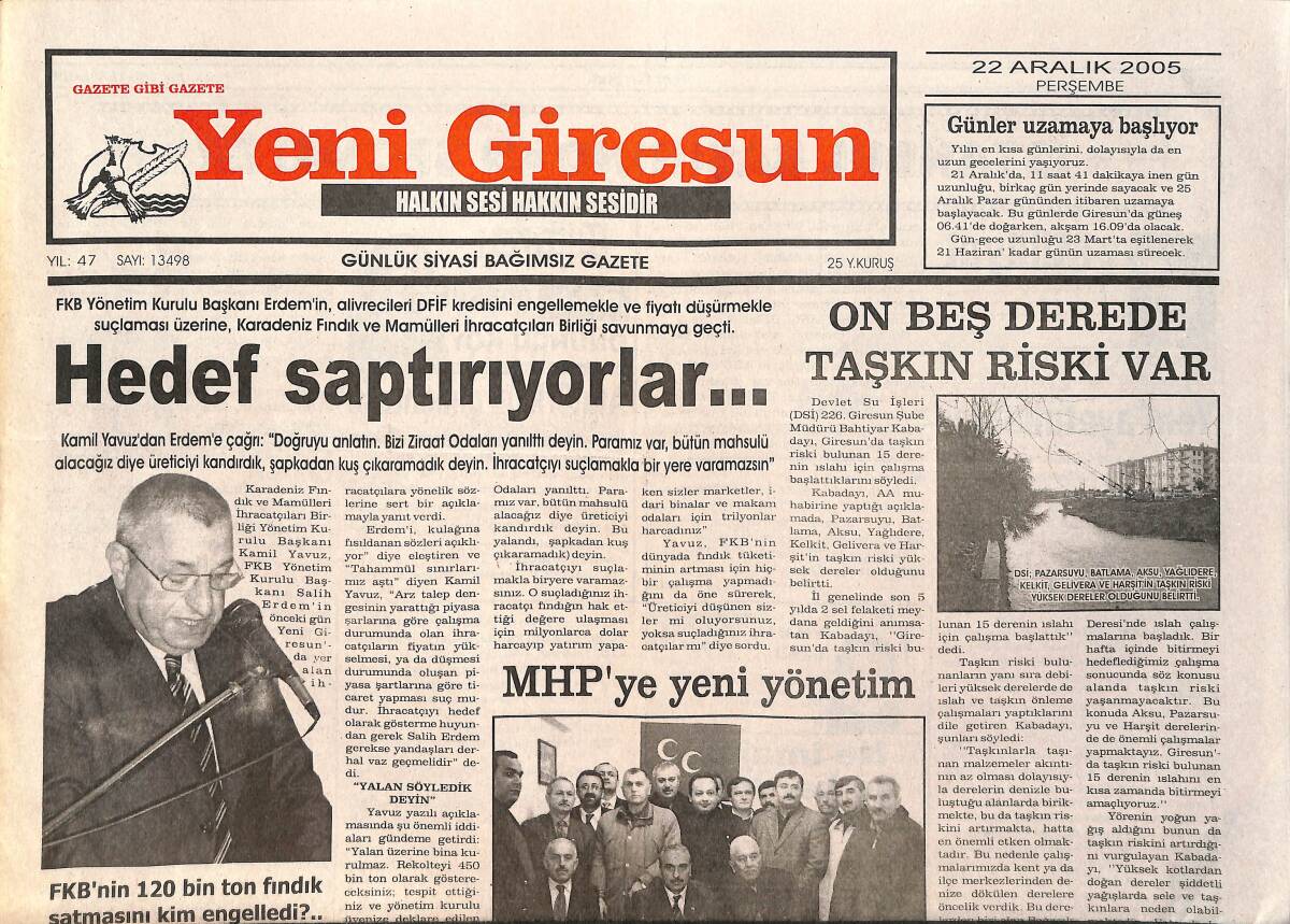 Yeni Giresun Gazetesi 22 Aralık 2005 - MHP'ye Yeni Yönetim - Asgari Ücret 380 YTL'ye Yükseldi GZ3432 - 1