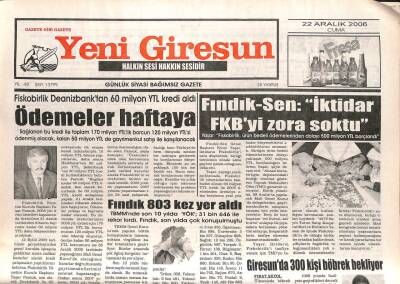 Yeni Giresun Gazetesi 22 Aralık 2006 - İktidar FBKyi Zora Soktu GZ107979 - 1