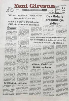Yeni Giresun Gazetesi 22 Ekim 1992 Işık Hastaların Evlerine Gidip İlaç Ve Doktor Yardımı Yapacağız GZ30262 - 1