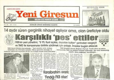 Yeni Giresun Gazetesi 22 Eylül 2006 - Fındık Üreticileri Köy Satıyor GZ101882 - 1