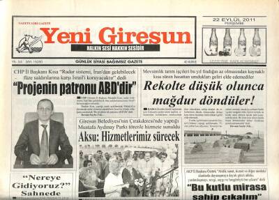 Yeni Giresun Gazetesi 22 Eylül 2011 - Projenin Patronu ABDdir GZ108949 - 1