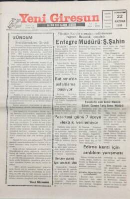 Yeni Giresun Gazetesi 22 Haziran 1996 Edirne Kenti İçin Amblem Yarışması GZ26073 - 1