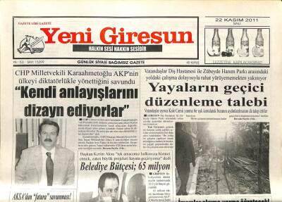 Yeni Giresun Gazetesi 22 Kasım 2011 - Belediye Bütçesi 65 Milyon GZ108863 - 1
