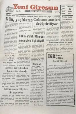 Yeni Giresun Gazetesi 22 Mart 1990 Çalışma Saatleri Değiştiriliyor GZ30355 - 1