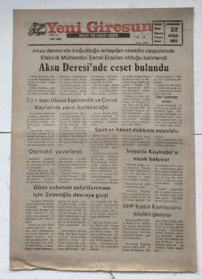 Yeni Giresun Gazetesi 22 Nisan 1993 - Aksu Deresi nde Ceset Bulundu GZ7431 - 1