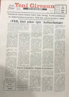 Yeni Giresun Gazetesi 22 Şubat 1994 FKB Özel Çıkar İçin Kullanılamaz GZ25987 - 1