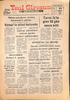 Yeni Giresun Gazetesi 22 Temmuz 1992 - Tarım İşte Grev 53 Gün Sonra Bitti GZ108006 - 1