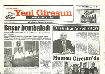 Yeni Giresun Gazetesi 22 Temmuz 2006 - Erkan Mumcu Giresunda GZ101916 - 2