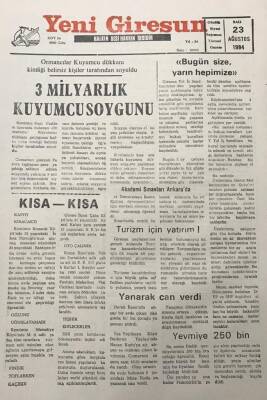 Yeni Giresun Gazetesi 23 Ağustos 1994Ormancılar Kuyumcu Dükkanı Kimliği Belirsiz Kişiler Tarafından Soyuldu GZ30000 - 1