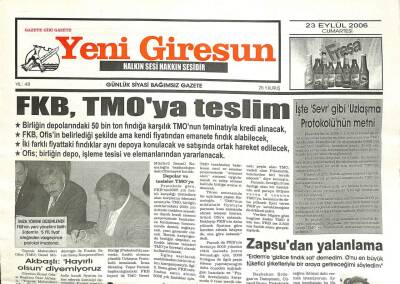 Yeni Giresun Gazetesi 23 Eylül 2006 - FKB TMOya Teslim GZ101881 - 1