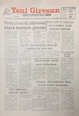 Yeni Giresun Gazetesi 23 Kasım 1991 Türkiyenin 49. Hükümeti Büyük Ümitlerle Görevde GZ25533 - 1