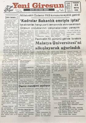 Yeni Giresun Gazetesi 23 Mayıs 1996Kadrolar Bakanlık Emriyle İptal GZ30380 - 1